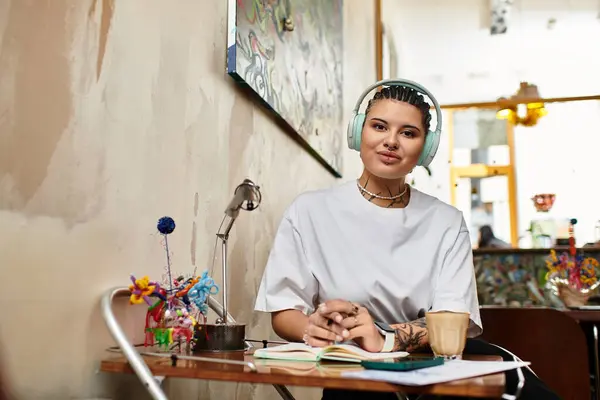 Bella giovane donna si siede a un tavolo da caffè, immergendosi nei pensieri e nella musica. — Stock Photo