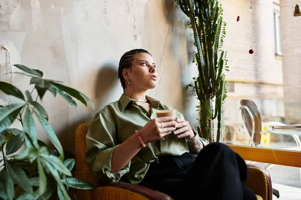 A young woman sits in a cafe holding a cup, immersed in thought while surrounded by greenery. — Stock Photo