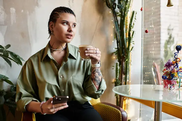 A young woman enjoys her drink while scrolling on her phone in a cozy cafe. — Stock Photo