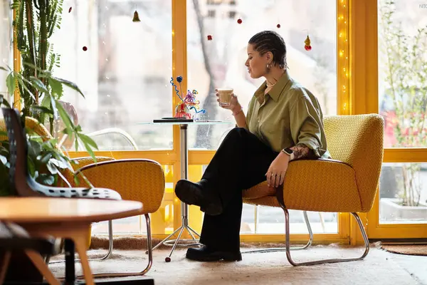 A young woman savors her drink while seated comfortably in a colorful cafe, gazing out at the rain. — Stock Photo