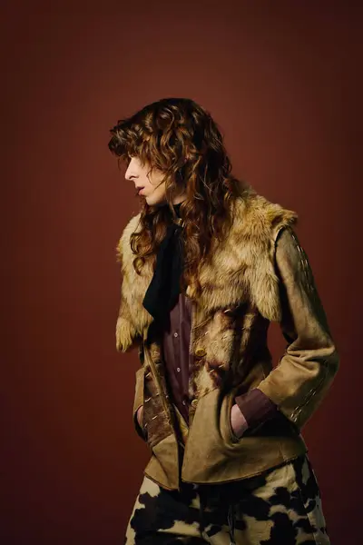 Youthful man with curly hair showcases a striking fashion statement in a creative setting. — Stock Photo