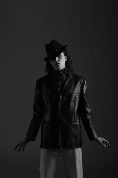 Handsome man stands stylishly in a dark studio, showcasing his unique fashion sense and confidence. — Stock Photo