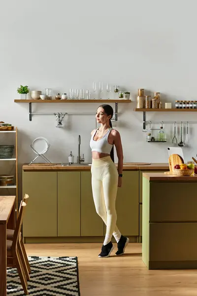 A young woman dances joyfully in her stylish kitchen, dressed in leggings and a sports bra. — Stock Photo