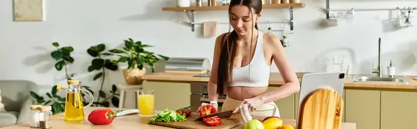 Подтянутая женщина, одетая в спортивный бюстгальтер умело готовит на своей кухне, делая свежий салат, баннер — Stock Photo