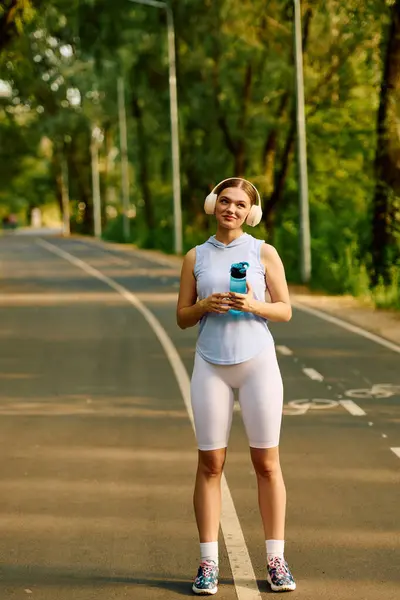 Young athletic woman smiles on a quiet path, headphones in and water bottle in hand. — Stock Photo