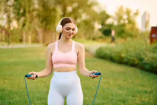 A young beautiful woman enjoys skipping rope outdoors, wearing sporty attire and headphones. — Stock Photo