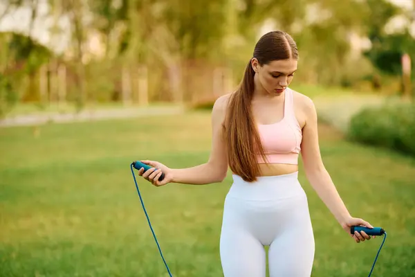 A young woman practices her fitness routine while skipping rope in a tranquil park setting at dusk. — Stock Photo