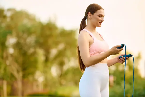 In a serene outdoor setting, a beautiful young woman holds a jump rope while smiling joyfully. — Stock Photo