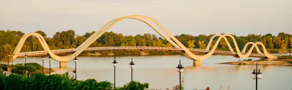 Wavy cool bridge harmonizes with the serene beauty of nature near the water. — Stock Photo