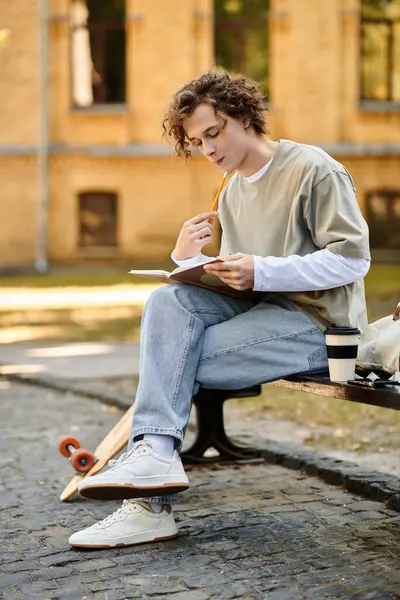 A young man with a unique style sits on a bench in a peaceful park, deeply focused on his notes. — Stock Photo