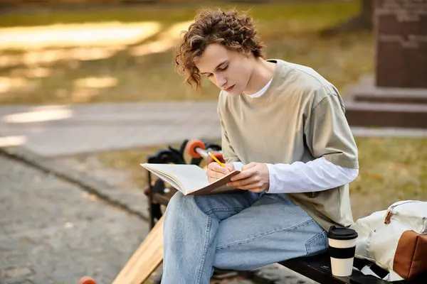 A young stylish man sits on a bench, absorbed in writing notes while surrounded by nature beauty. — Stock Photo
