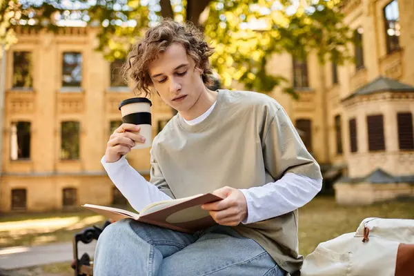 A fashionable young student absorbs knowledge in a peaceful outdoor environment, savoring coffee. — Stock Photo