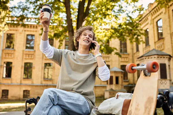 A trendy young man with curly hair chats on his phone while sipping coffee on a bench. — Stock Photo