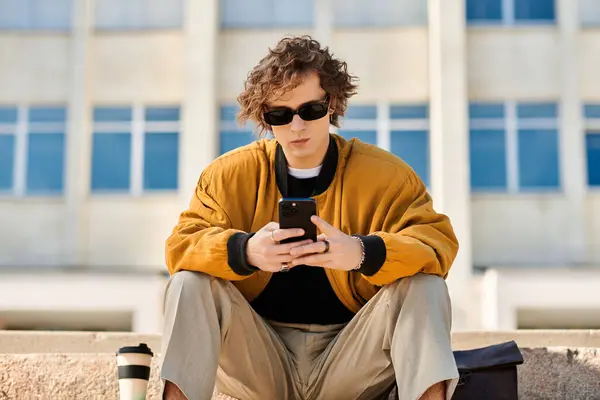 A fashionable young man with curly hair checks his smartphone while sitting on steps in sunlight. — Stock Photo