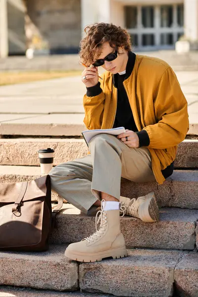 Charming young man enjoys a moment of creativity and reflection at a university, coffee in hand. — Stock Photo
