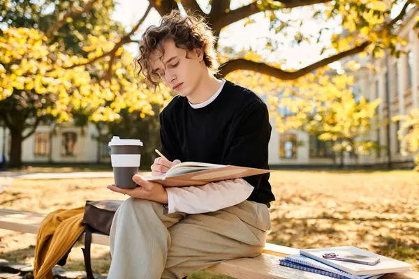 A young man sits on a bench, sipping coffee and writing as leaves fall around him. — Stock Photo