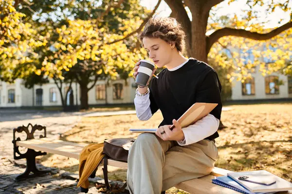 A young man sits on a park bench, sipping coffee and studying from his notebook. — Stock Photo