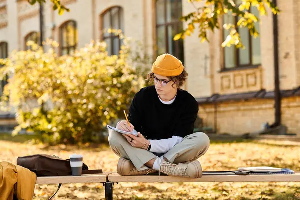 A young man in a black sweater and yellow beanie studies on a bench in the autumn sun. — Stock Photo