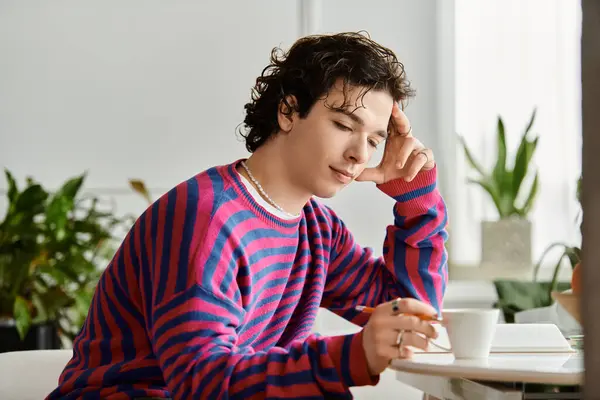 A young non-binary person relaxes with a warm drink in a stylish modern apartment. — Stock Photo
