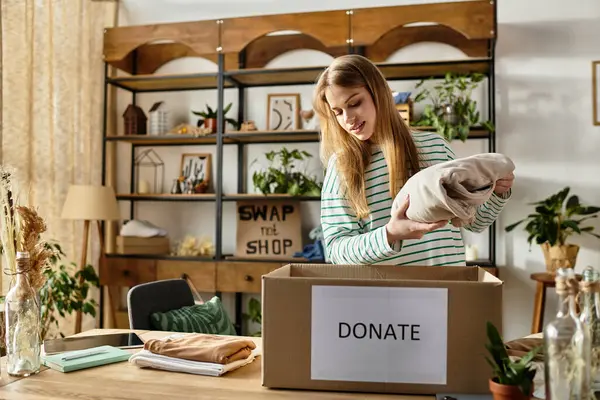 In a cozy room, a young woman sorts through her clothes, preparing to donate them thoughtfully. — Stock Photo