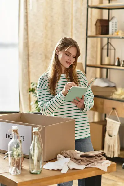 Mulher bonita classifica através de roupas e toma notas para doação em sua casa convidativa. — Fotografia de Stock