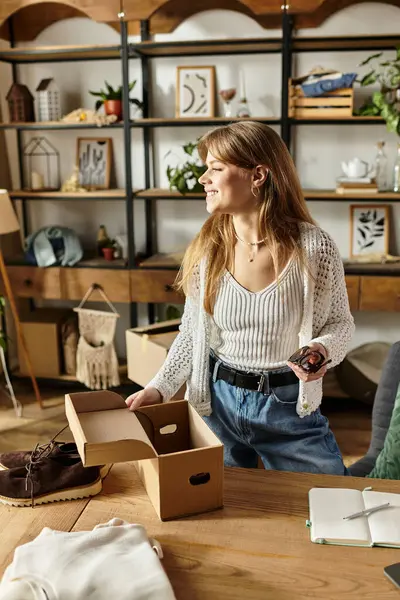 Pretty young woman joyfully sorts and donates clothes for an eco-friendly lifestyle. — Stock Photo