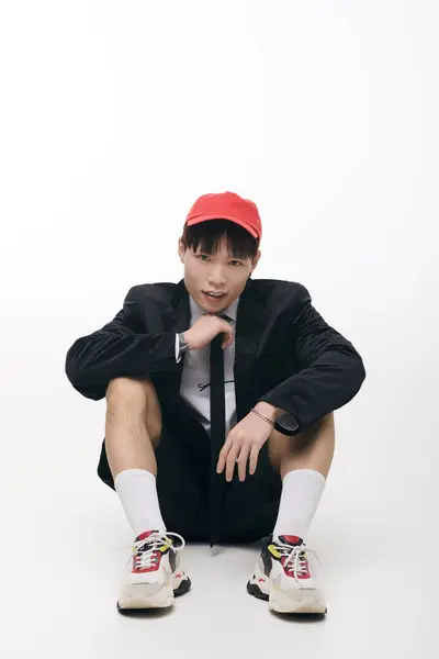 A young attractive Asian man sits casually in a modern outfit, showcasing his charm and style. — Stock Photo