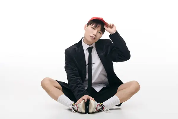 Charming young man in a suit and cap sits casually, exuding style and charisma. — Stock Photo