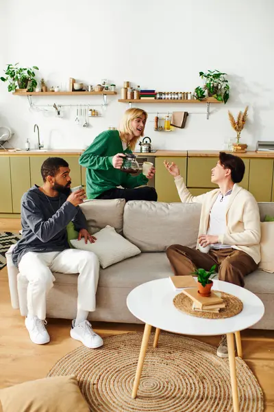 Young men share ideas and enjoy each others company during a lively book club meeting at home. — Stock Photo