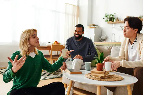 Young men share thoughts and ideas during a lively book club meeting in a stylish home setting. — Stock Photo