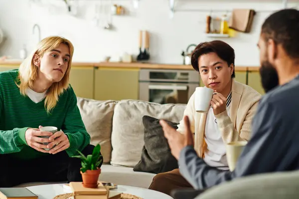 Three diverse young men enjoy insightful conversations while relaxing at home together. — Stock Photo