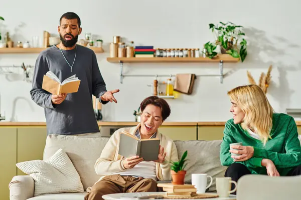 Handsome young men are discussing literature and sharing ideas in a warm home setting. — Stock Photo