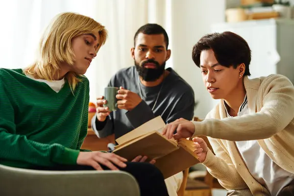 Young men bond over thought provoking discussions while enjoying comfort and camaraderie at home. — Stock Photo