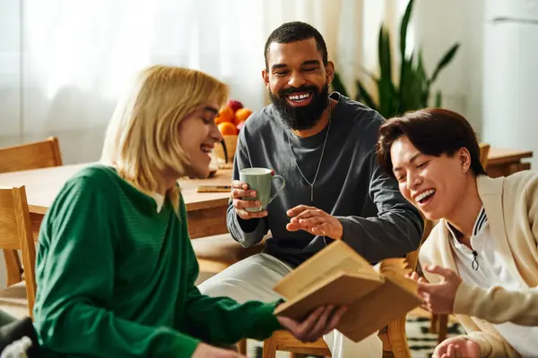Three handsome young men share engaging conversations while exploring books together at home. — Stock Photo