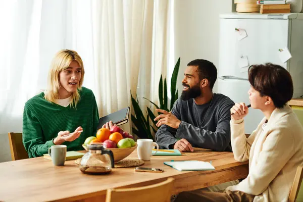 Three handsome young men share ideas and thoughts during a lively discussion at home. — Stock Photo