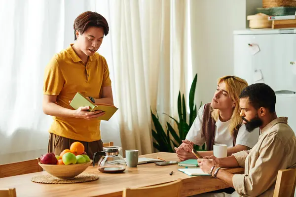 A group of young men share ideas and connect over books in a cozy home environment. — Stock Photo