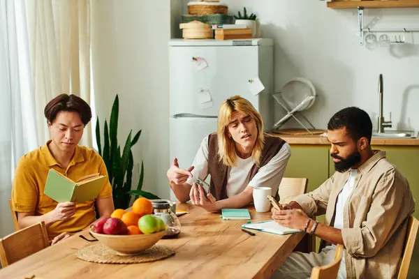 Young men gather in a stylish home setting, sharing thoughts during their book club meeting. — Stock Photo