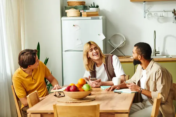 Three young men have lively conversations about literature in a cozy home setting. — Stock Photo