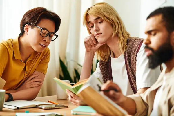Three diverse young men share ideas and insights over books in a stylish, relaxed setting. — Stock Photo