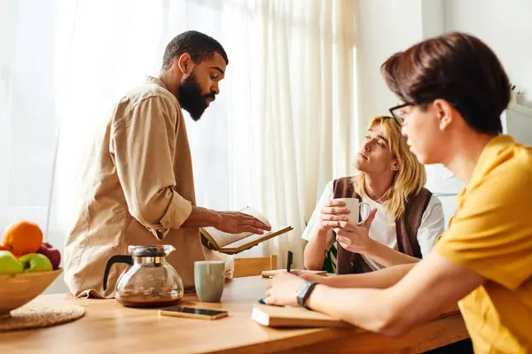 Three young men enjoy laughs and insights at a cozy book club in a stylish home. — Stock Photo