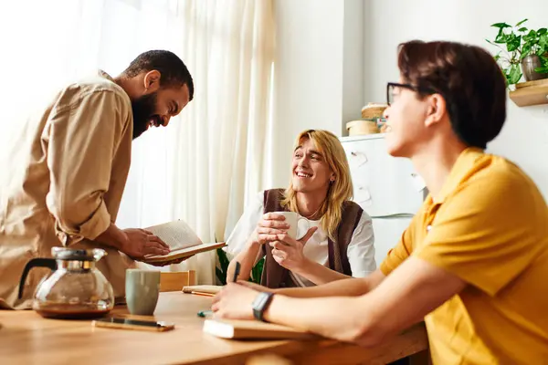 Group of young men share ideas and enjoy reading together in a cozy home environment. — Stock Photo