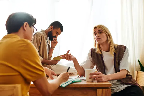 Young men share meaningful chats in a cozy at home book club. — Stock Photo