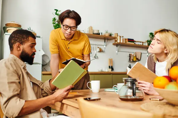 Young men enjoy meaningful conversations while reading together in a stylish home environment. — Stock Photo