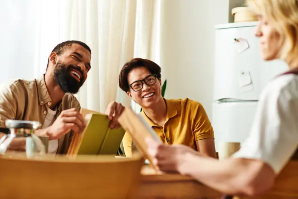 Young men gather in a stylish home, sharing insights and enjoying a vibrant book club experience. — Stock Photo