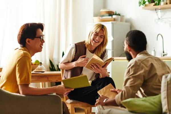 Young handsome men bond over books and lively conversations in a casual home atmosphere. — Stock Photo