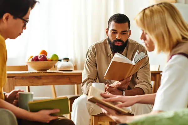 Three young men enjoy a cozy book club, sharing favorite reads and good company. — Stock Photo