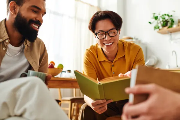 Young men share insights and enjoy bonding over books in a stylish and comfortable setting. — Stock Photo
