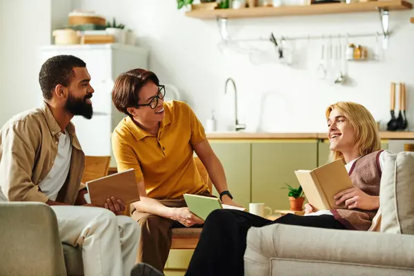 Three young men chat lively over books in a stylish, cozy living room. — Stock Photo