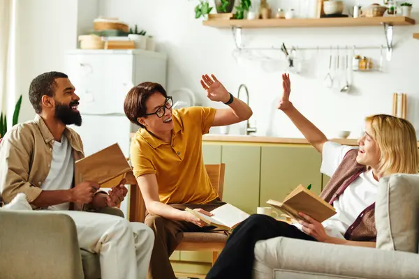 Young men share lively discussions at a book club in a stylish and comfortable home environment. — Stock Photo
