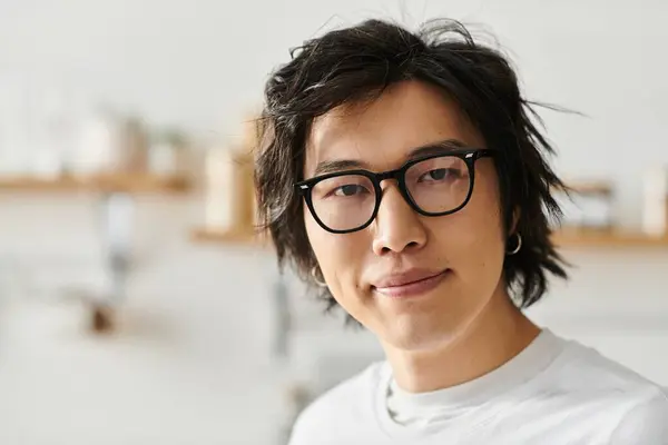 Handsome young man in glasses stands in a stylish home, looking at camera — Stock Photo